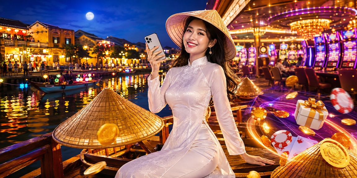 Người dùng mặc áo dài trải nghiệm casino trên điện thoại di động tại Hội An